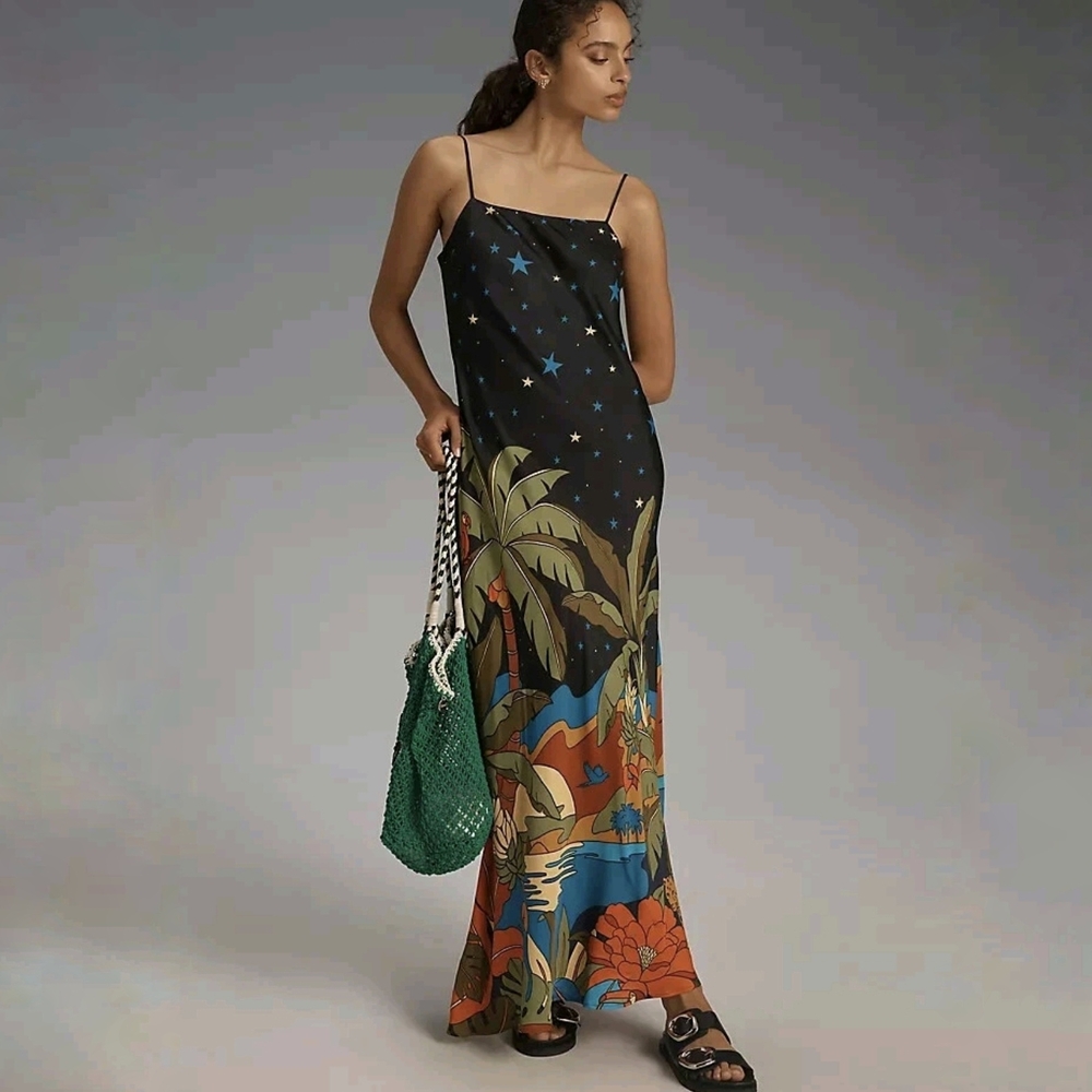 Farm Rio NWT Maxi Slip Dress Starry Night Anthropologie Floral Black Tropical